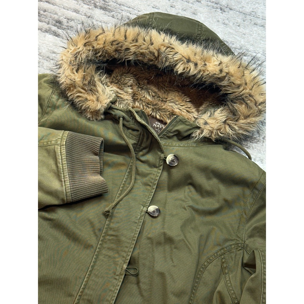 Y2K Old Navy Parka Jacket Womens XXL Green Faux Fur Trim Hooded Bomber